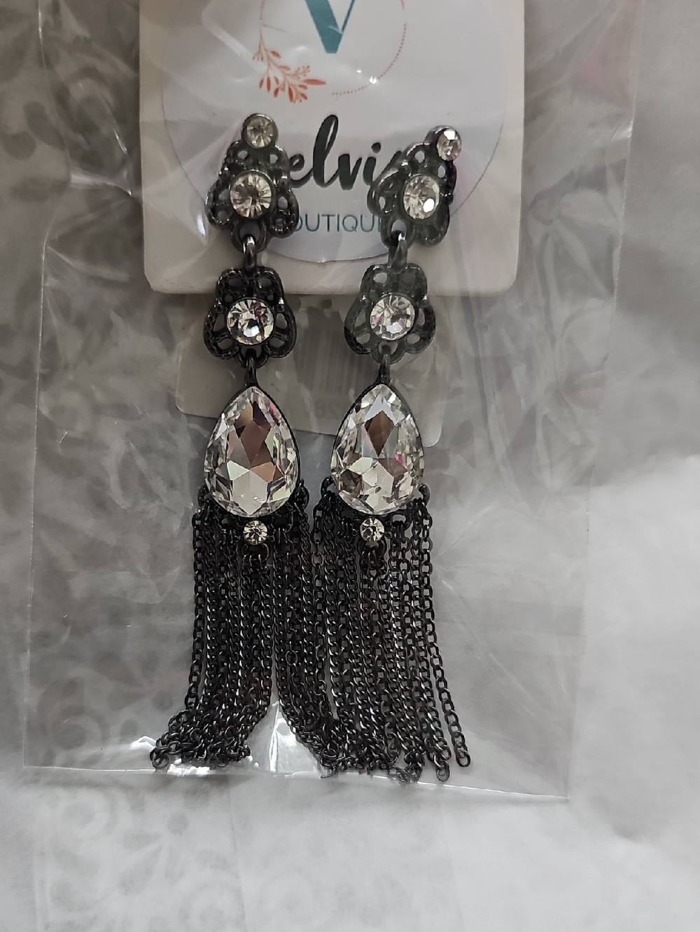 New Black Crystal Teardrop Tassel Earrings